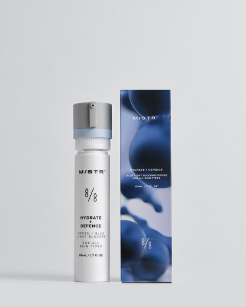 A pump bottle of Hydrate_Defence SPF30 Refill next to its packaging box, both featuring a white and blue color scheme.